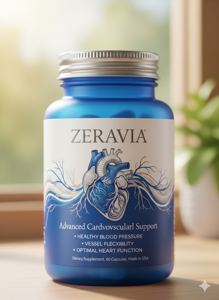 Zeravia food supplement bottle on a neutral surface with soft lighting